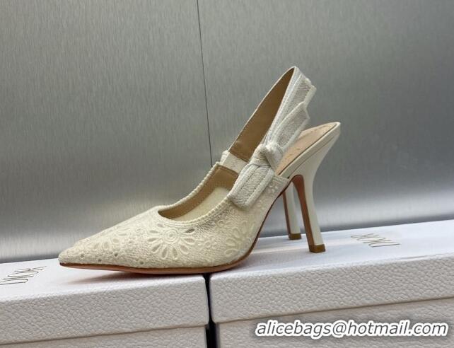 Good Quality Dior J'Adior Slingback Pumps 9.5cm in White Canvas Embroidered with Saint-Gall Motif 071075