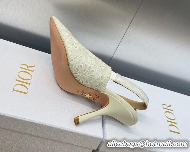 Good Quality Dior J'Adior Slingback Pumps 9.5cm in White Canvas Embroidered with Saint-Gall Motif 071075