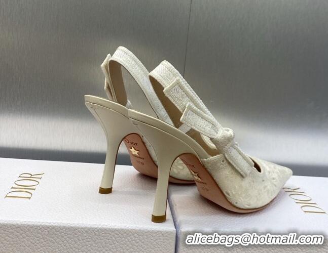 Good Quality Dior J'Adior Slingback Pumps 9.5cm in White Canvas Embroidered with Saint-Gall Motif 071075