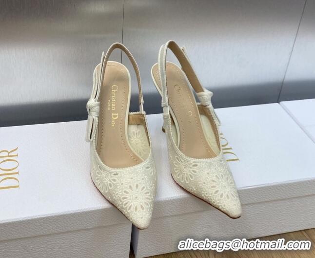 Good Quality Dior J'Adior Slingback Pumps 9.5cm in White Canvas Embroidered with Saint-Gall Motif 071075