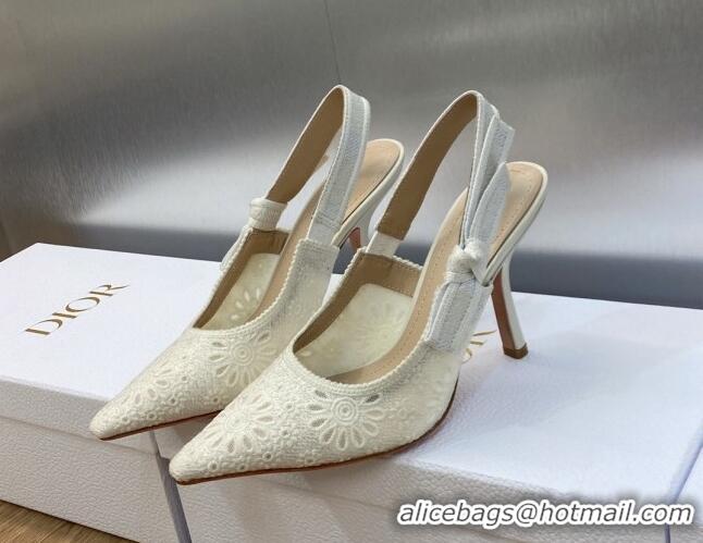 Good Quality Dior J'Adior Slingback Pumps 9.5cm in White Canvas Embroidered with Saint-Gall Motif 071075