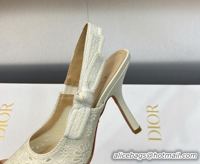 Good Quality Dior J'Adior Slingback Pumps 9.5cm in White Canvas Embroidered with Saint-Gall Motif 071075