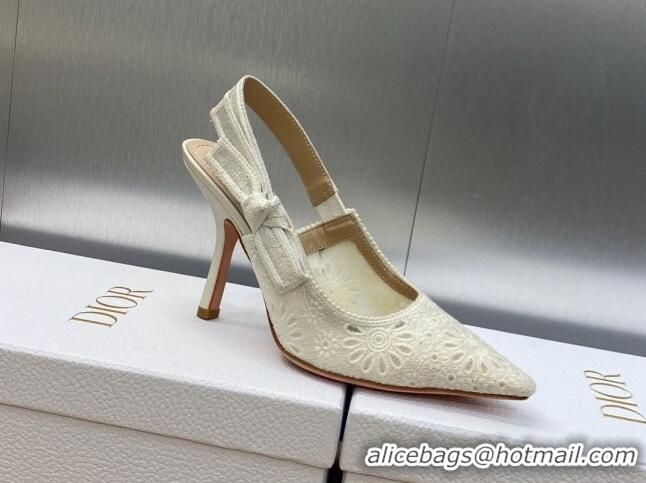 Good Quality Dior J'Adior Slingback Pumps 9.5cm in White Canvas Embroidered with Saint-Gall Motif 071075