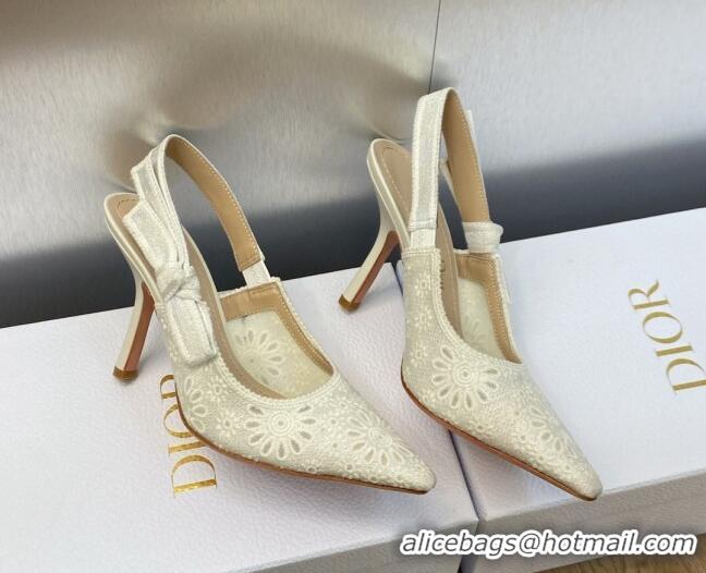 Good Quality Dior J'Adior Slingback Pumps 9.5cm in White Canvas Embroidered with Saint-Gall Motif 071075