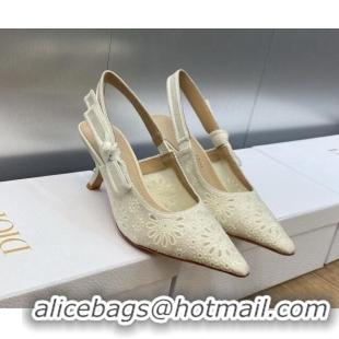 Most Popular Dior J'Adior Slingback Pumps 6.5cm in White Canvas Embroidered with Saint-Gall Motif 071076