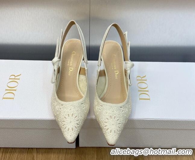 Most Popular Dior J'Adior Slingback Pumps 6.5cm in White Canvas Embroidered with Saint-Gall Motif 071076