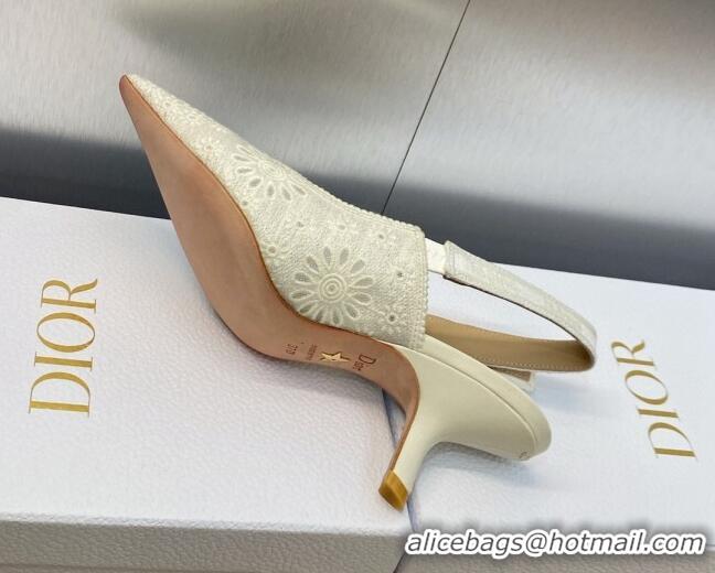 Most Popular Dior J'Adior Slingback Pumps 6.5cm in White Canvas Embroidered with Saint-Gall Motif 071076