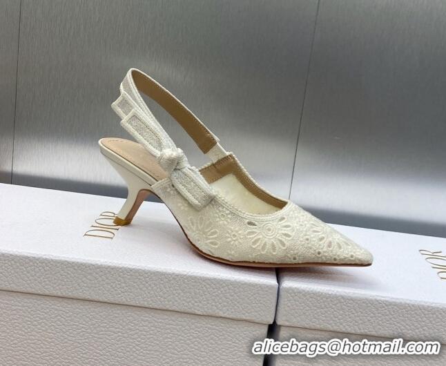 Most Popular Dior J'Adior Slingback Pumps 6.5cm in White Canvas Embroidered with Saint-Gall Motif 071076