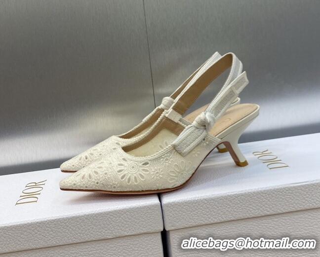 Most Popular Dior J'Adior Slingback Pumps 6.5cm in White Canvas Embroidered with Saint-Gall Motif 071076