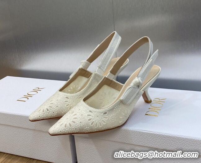 Most Popular Dior J'Adior Slingback Pumps 6.5cm in White Canvas Embroidered with Saint-Gall Motif 071076