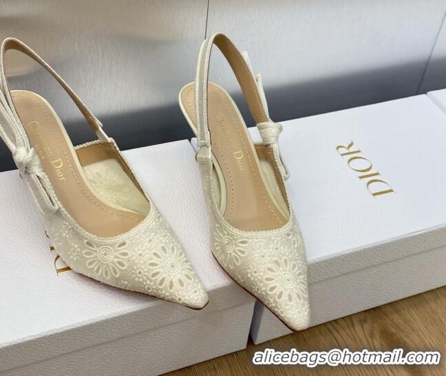 Most Popular Dior J'Adior Slingback Pumps 6.5cm in White Canvas Embroidered with Saint-Gall Motif 071076