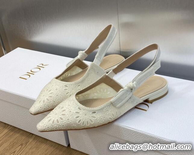 1:1 aaaaa Dior J'Adior Slingback Flat in White Canvas Embroidered with Saint-Gall Motif 071077