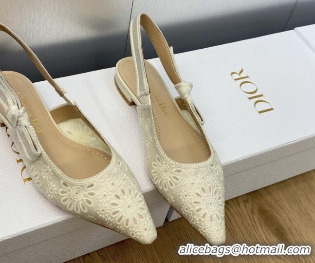 1:1 aaaaa Dior J'Adior Slingback Flat in White Canvas Embroidered with Saint-Gall Motif 071077