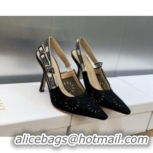 1:1 Dior J'Adior Slingback Pumps 9.5cm in Black Canvas Embroidered with Saint-Gall Motif 071078