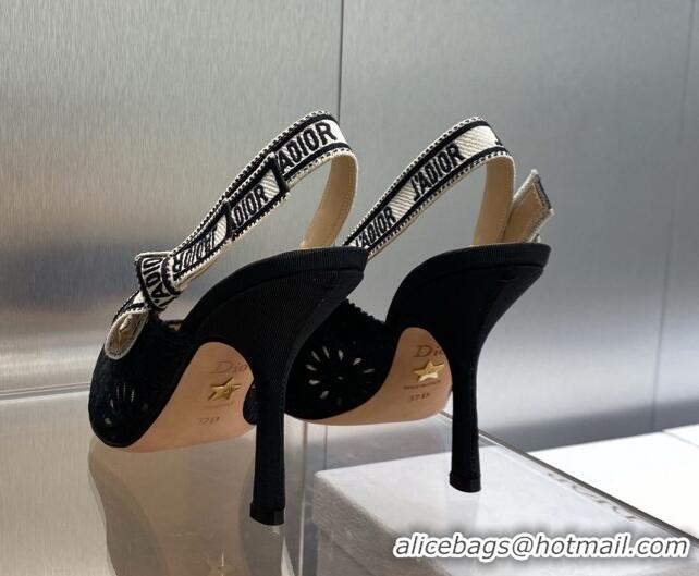 1:1 Dior J'Adior Slingback Pumps 9.5cm in Black Canvas Embroidered with Saint-Gall Motif 071078