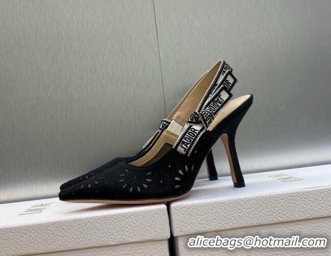 1:1 Dior J'Adior Slingback Pumps 9.5cm in Black Canvas Embroidered with Saint-Gall Motif 071078