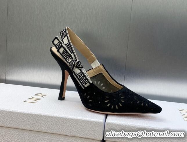 1:1 Dior J'Adior Slingback Pumps 9.5cm in Black Canvas Embroidered with Saint-Gall Motif 071078