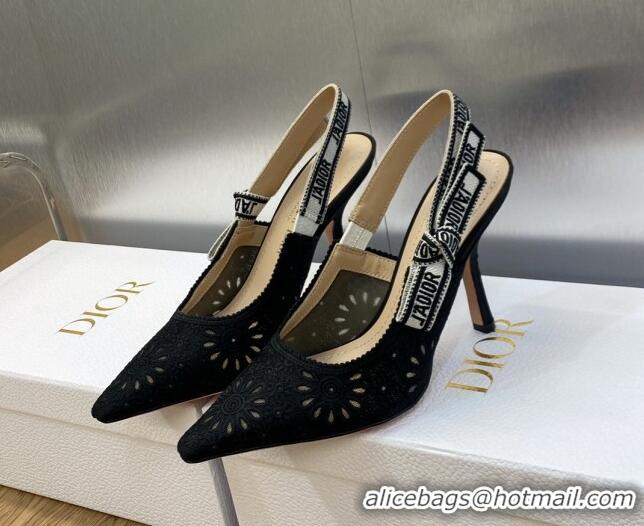 1:1 Dior J'Adior Slingback Pumps 9.5cm in Black Canvas Embroidered with Saint-Gall Motif 071078