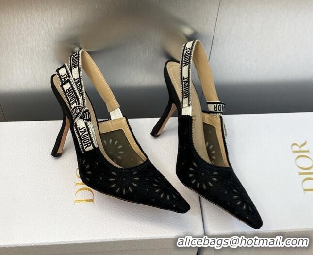 1:1 Dior J'Adior Slingback Pumps 9.5cm in Black Canvas Embroidered with Saint-Gall Motif 071078