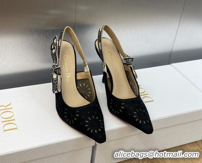 1:1 Dior J'Adior Slingback Pumps 9.5cm in Black Canvas Embroidered with Saint-Gall Motif 071078