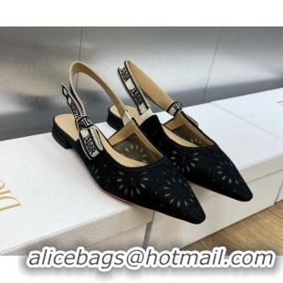 Good Looking Dior J'Adior Slingback Flat in Black Canvas Embroidered with Saint-Gall Motif 071080