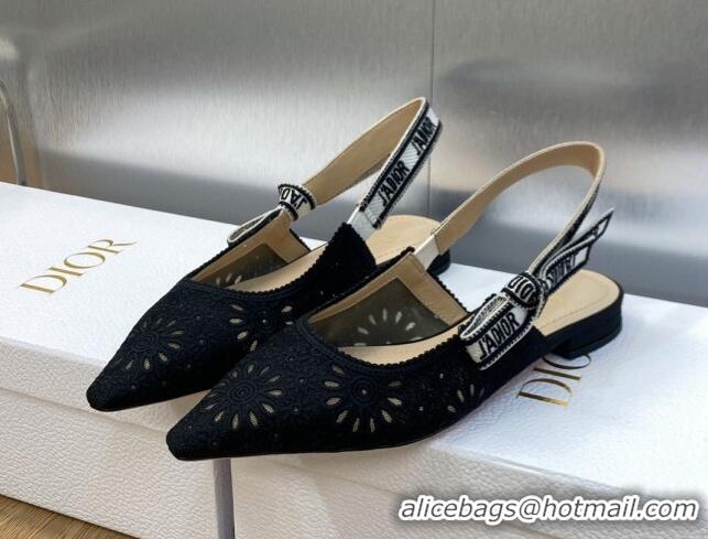 Good Looking Dior J'Adior Slingback Flat in Black Canvas Embroidered with Saint-Gall Motif 071080