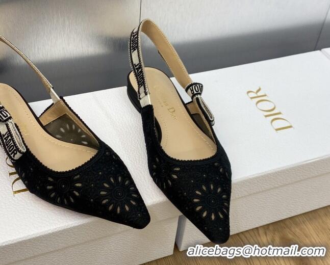 Good Looking Dior J'Adior Slingback Flat in Black Canvas Embroidered with Saint-Gall Motif 071080