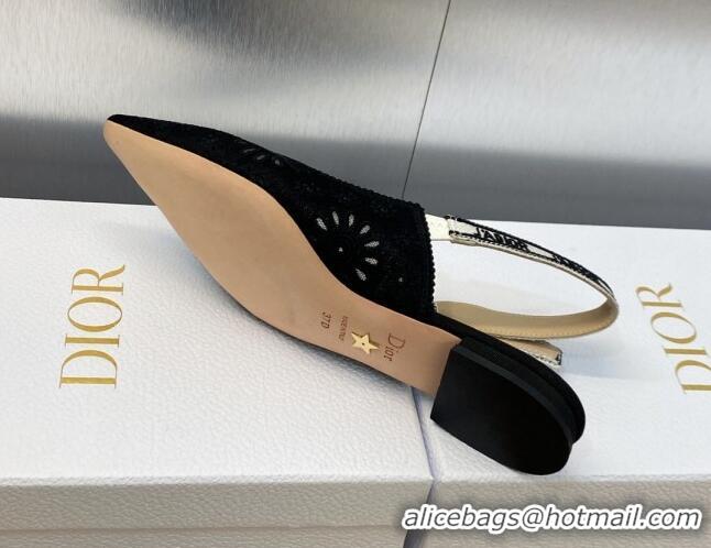 Good Looking Dior J'Adior Slingback Flat in Black Canvas Embroidered with Saint-Gall Motif 071080