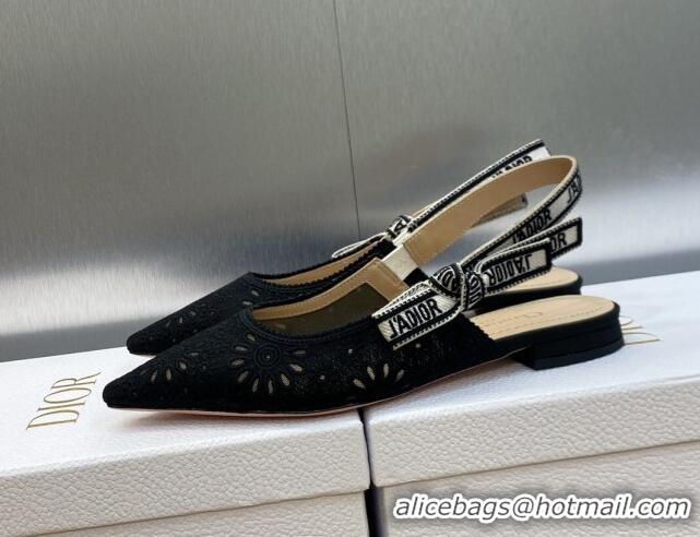 Good Looking Dior J'Adior Slingback Flat in Black Canvas Embroidered with Saint-Gall Motif 071080