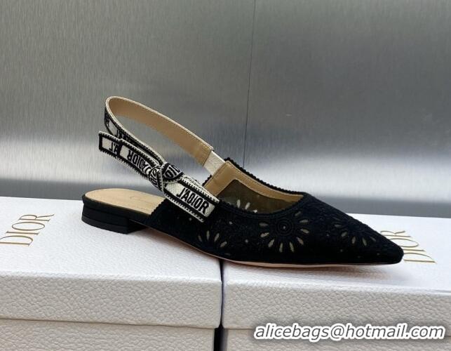 Good Looking Dior J'Adior Slingback Flat in Black Canvas Embroidered with Saint-Gall Motif 071080