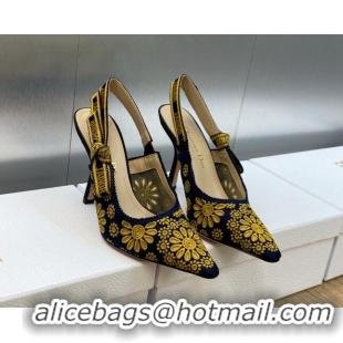 Perfect Dior J'Adior Slingback Pumps 9.5cm in Navy Blue and Yellow Canvas Embroidered with Saint-Gall Motif 071081