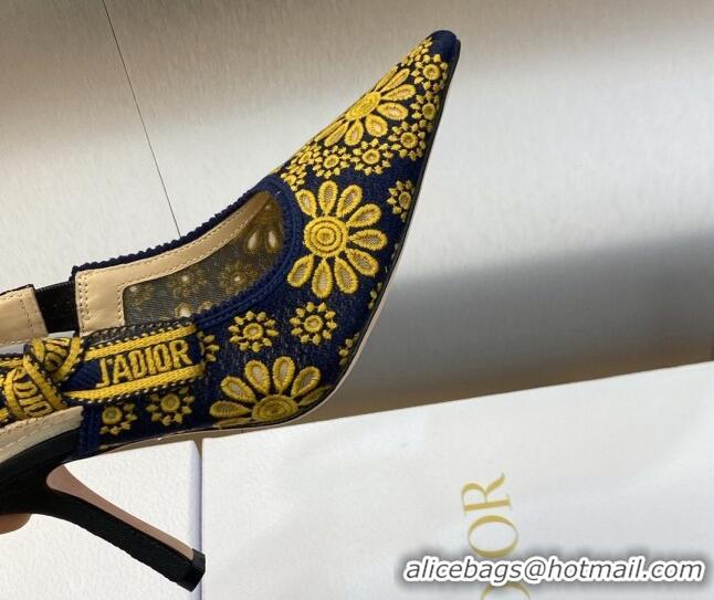 Perfect Dior J'Adior Slingback Pumps 9.5cm in Navy Blue and Yellow Canvas Embroidered with Saint-Gall Motif 071081