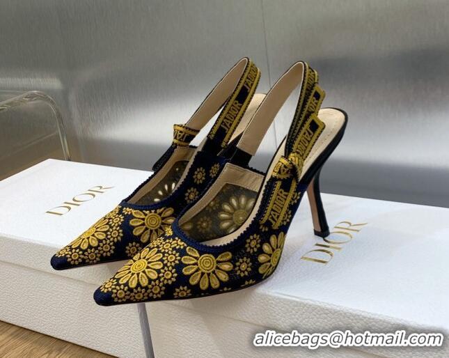 Perfect Dior J'Adior Slingback Pumps 9.5cm in Navy Blue and Yellow Canvas Embroidered with Saint-Gall Motif 071081