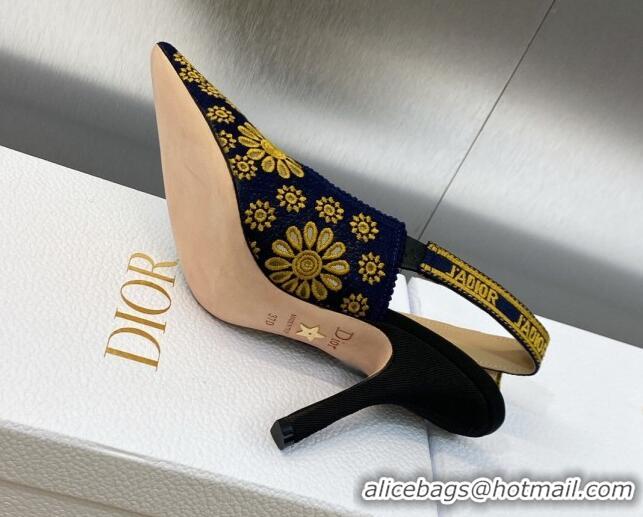 Perfect Dior J'Adior Slingback Pumps 9.5cm in Navy Blue and Yellow Canvas Embroidered with Saint-Gall Motif 071081