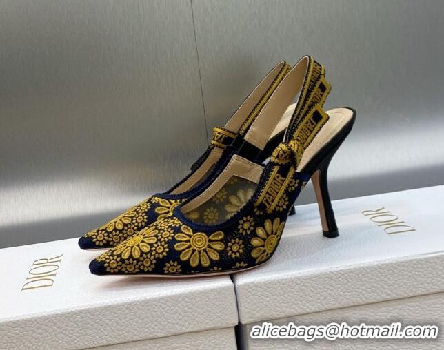 Perfect Dior J'Adior Slingback Pumps 9.5cm in Navy Blue and Yellow Canvas Embroidered with Saint-Gall Motif 071081