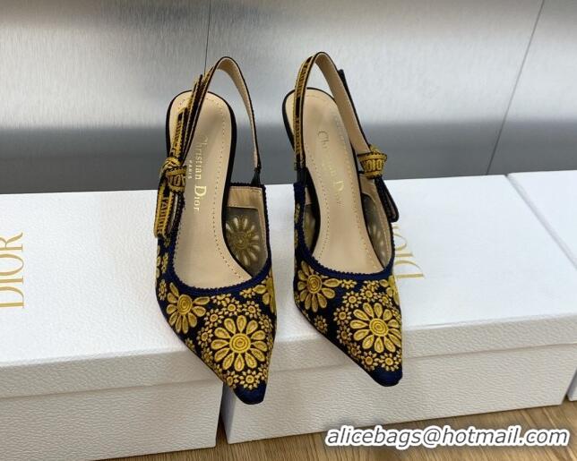 Perfect Dior J'Adior Slingback Pumps 9.5cm in Navy Blue and Yellow Canvas Embroidered with Saint-Gall Motif 071081