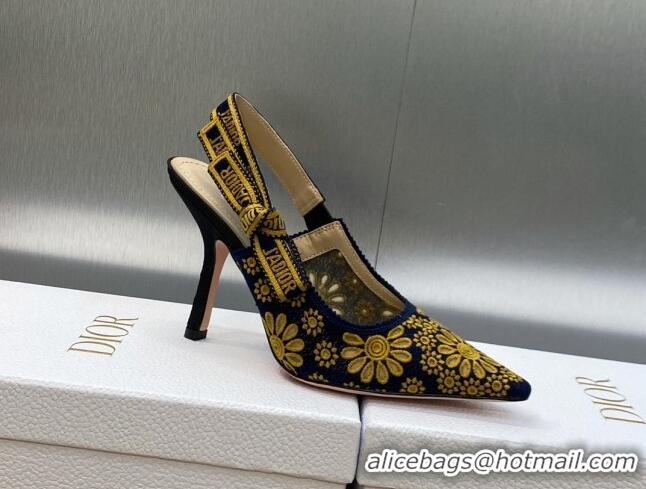 Perfect Dior J'Adior Slingback Pumps 9.5cm in Navy Blue and Yellow Canvas Embroidered with Saint-Gall Motif 071081