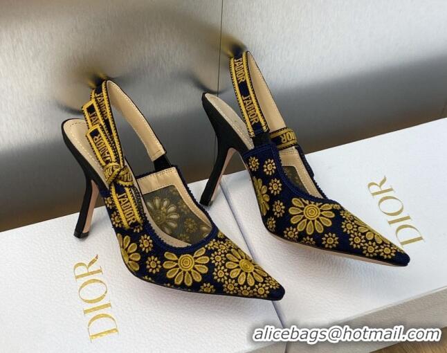 Perfect Dior J'Adior Slingback Pumps 9.5cm in Navy Blue and Yellow Canvas Embroidered with Saint-Gall Motif 071081