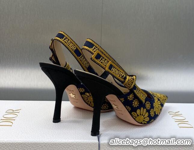 Perfect Dior J'Adior Slingback Pumps 9.5cm in Navy Blue and Yellow Canvas Embroidered with Saint-Gall Motif 071081