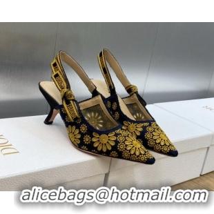 Top Grade Dior J'Adior Slingback Pumps 6.5cm in Navy Blue and Yellow Canvas Embroidered with Saint-Gall Motif 071082