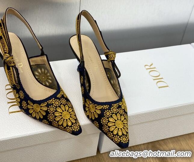 Top Grade Dior J'Adior Slingback Pumps 6.5cm in Navy Blue and Yellow Canvas Embroidered with Saint-Gall Motif 071082