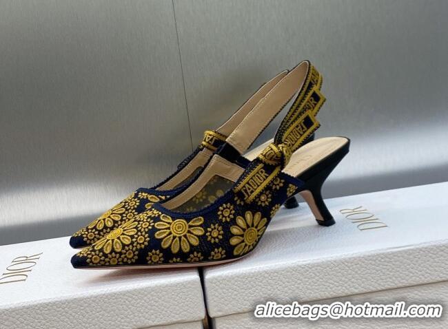 Top Grade Dior J'Adior Slingback Pumps 6.5cm in Navy Blue and Yellow Canvas Embroidered with Saint-Gall Motif 071082