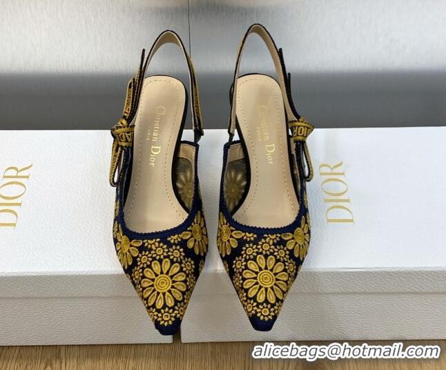 Top Grade Dior J'Adior Slingback Pumps 6.5cm in Navy Blue and Yellow Canvas Embroidered with Saint-Gall Motif 071082