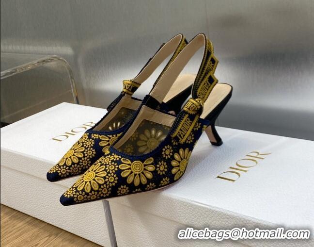 Top Grade Dior J'Adior Slingback Pumps 6.5cm in Navy Blue and Yellow Canvas Embroidered with Saint-Gall Motif 071082