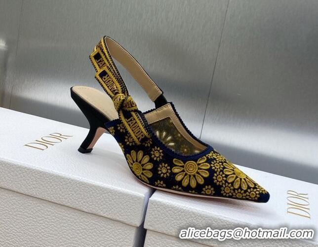 Top Grade Dior J'Adior Slingback Pumps 6.5cm in Navy Blue and Yellow Canvas Embroidered with Saint-Gall Motif 071082