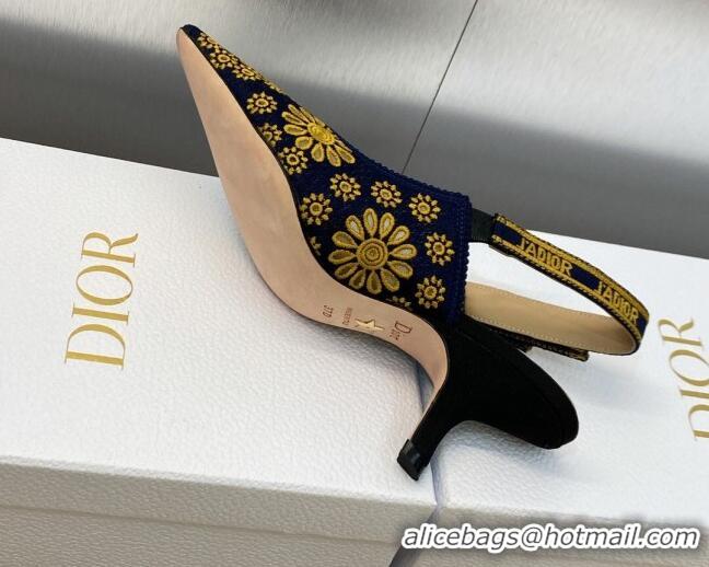 Top Grade Dior J'Adior Slingback Pumps 6.5cm in Navy Blue and Yellow Canvas Embroidered with Saint-Gall Motif 071082