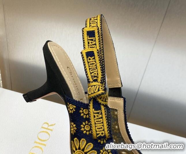 Top Grade Dior J'Adior Slingback Pumps 6.5cm in Navy Blue and Yellow Canvas Embroidered with Saint-Gall Motif 071082