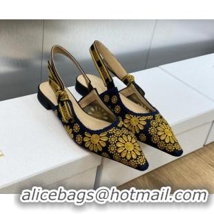 Good Quality Dior J'Adior Slingback Flat in Navy Blue and Yellow Canvas Embroidered with Saint-Gall Motif 071083