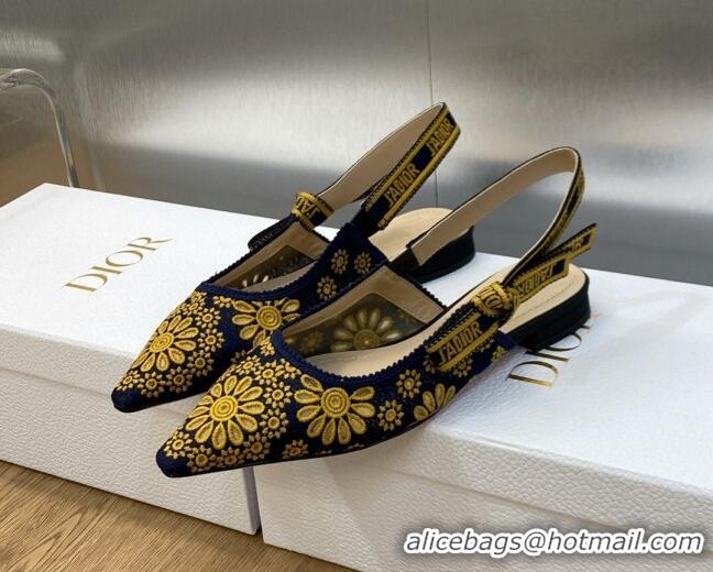 Good Quality Dior J'Adior Slingback Flat in Navy Blue and Yellow Canvas Embroidered with Saint-Gall Motif 071083