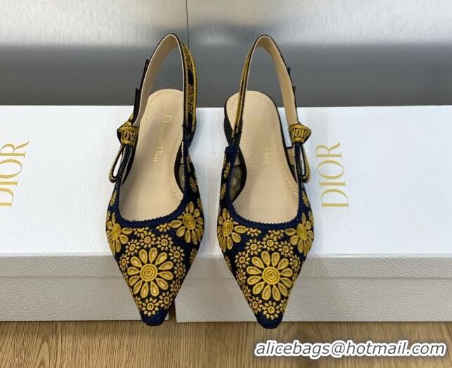 Good Quality Dior J'Adior Slingback Flat in Navy Blue and Yellow Canvas Embroidered with Saint-Gall Motif 071083